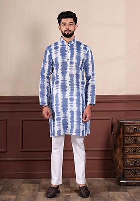 Blue Printed Linen Kurta Set For Men