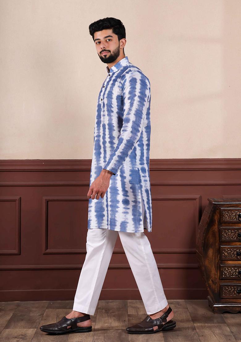 Blue Printed Linen Kurta Set For Men