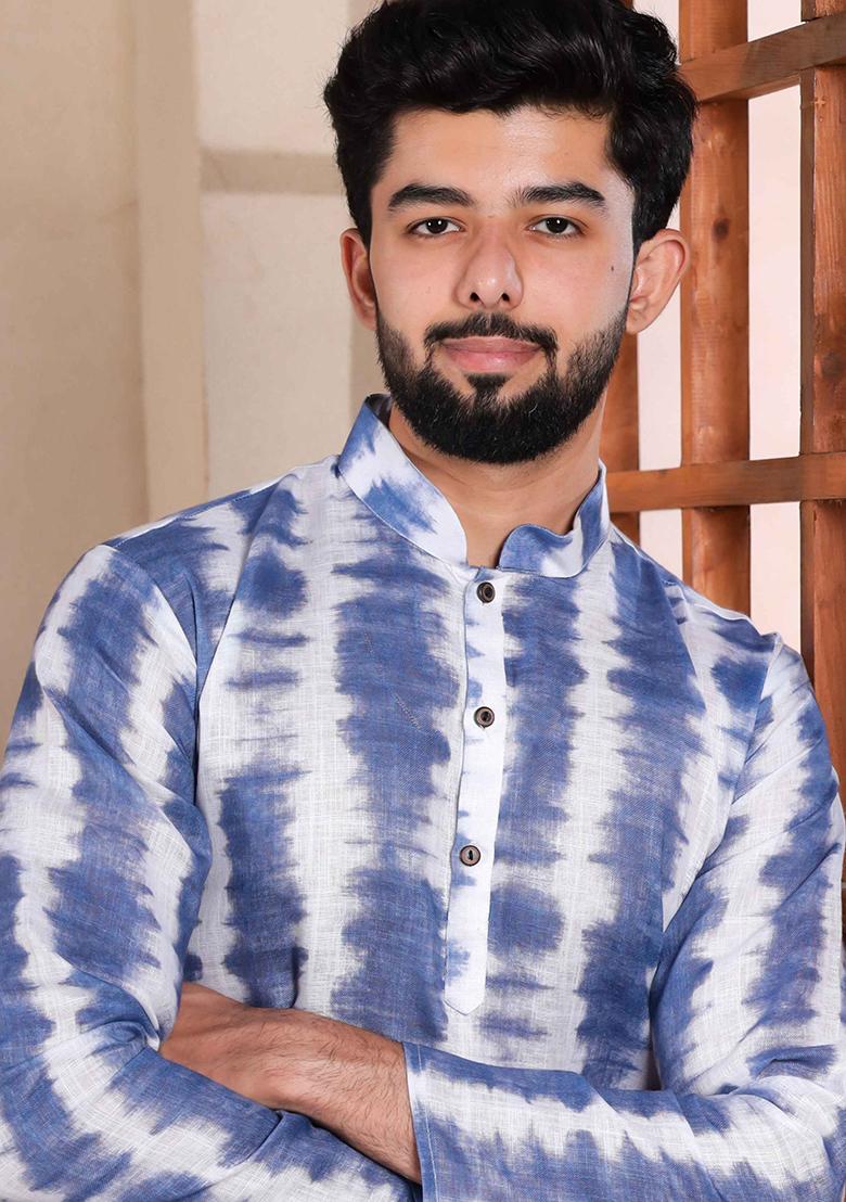 Blue Printed Linen Kurta Set For Men
