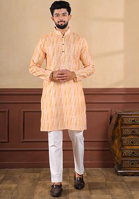 Peach Printed Linen Kurta Set For Men