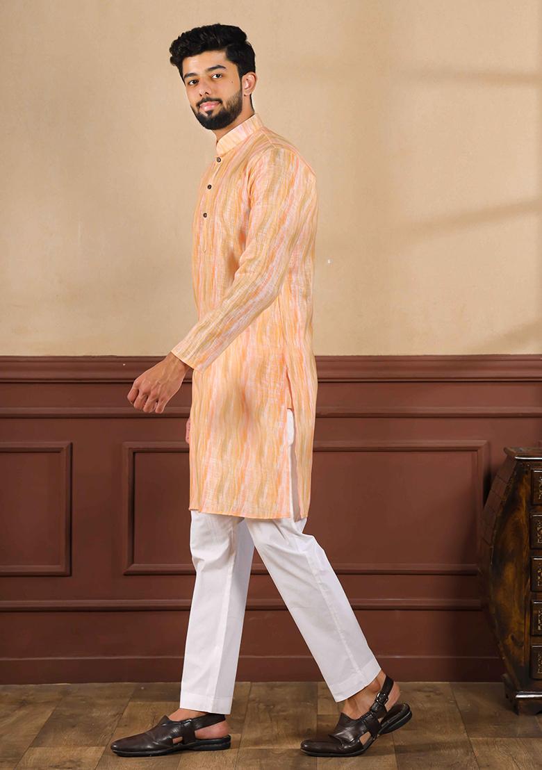 Peach Printed Linen Kurta Set For Men