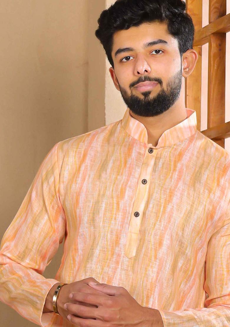 Peach Printed Linen Kurta Set For Men