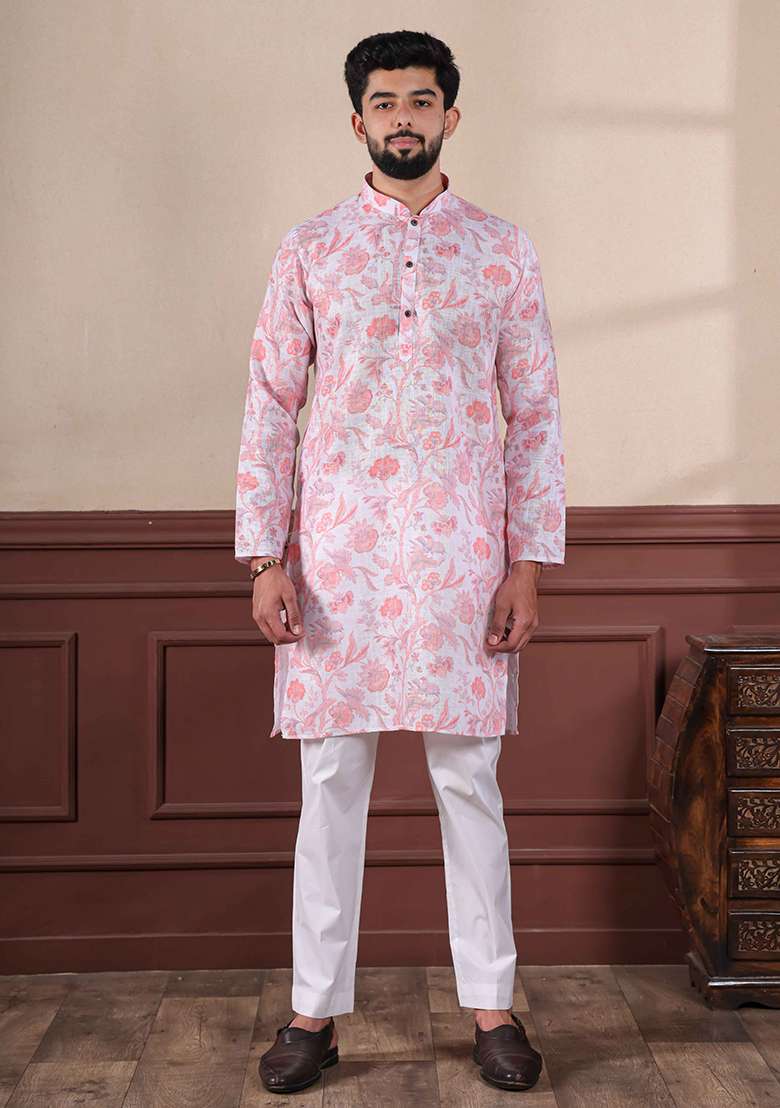 Pink Printed Linen Kurta Set For Men - Indya