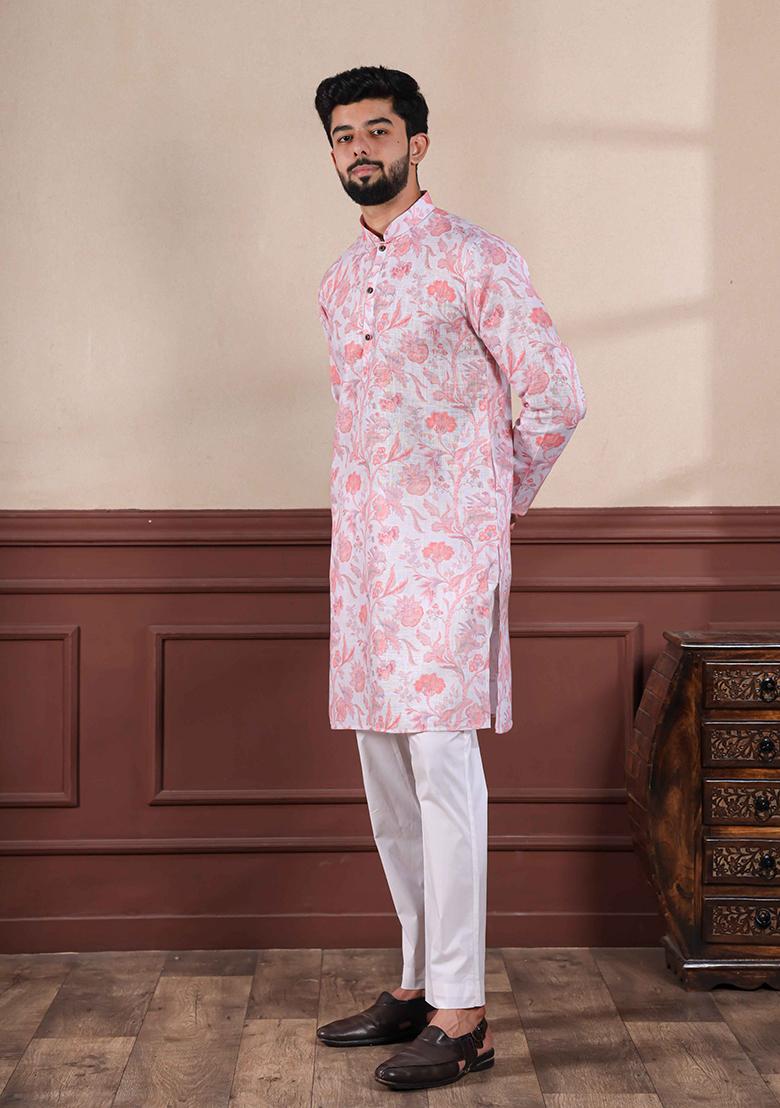 Pink Printed Linen Kurta Set For Men