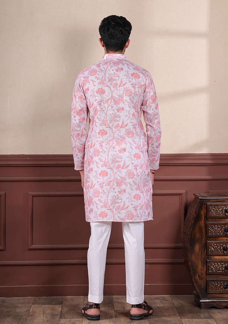 Pink Printed Linen Kurta Set For Men - Indya