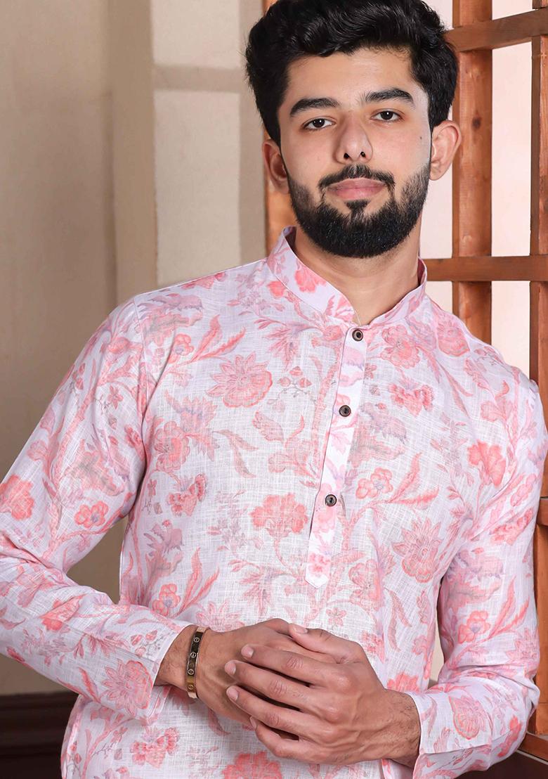 Pink Printed Linen Kurta Set For Men