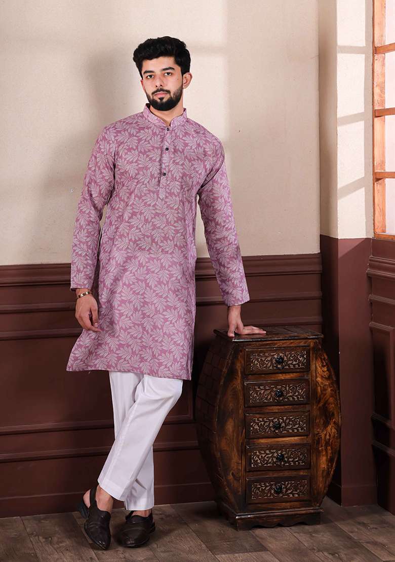Purple Printed Linen Kurta Set For Men - Indya