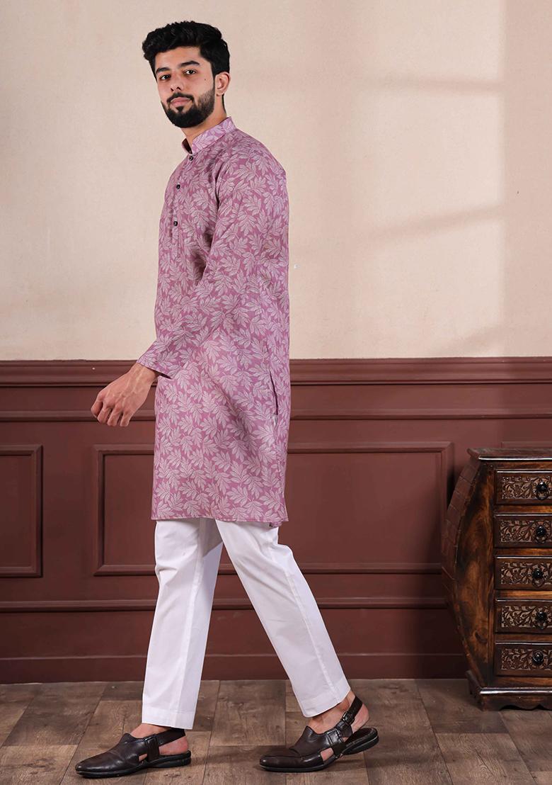 Purple Printed Linen Kurta Set For Men