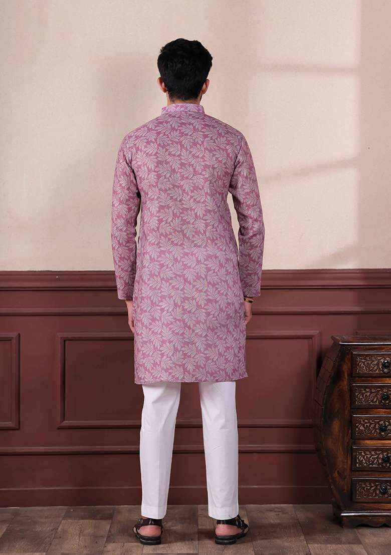 Purple Printed Linen Kurta Set For Men - Indya