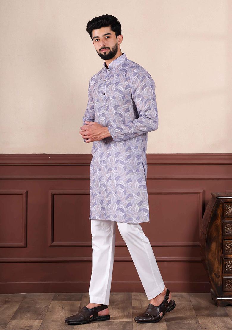 Violet Printed Linen Kurta Set For Men