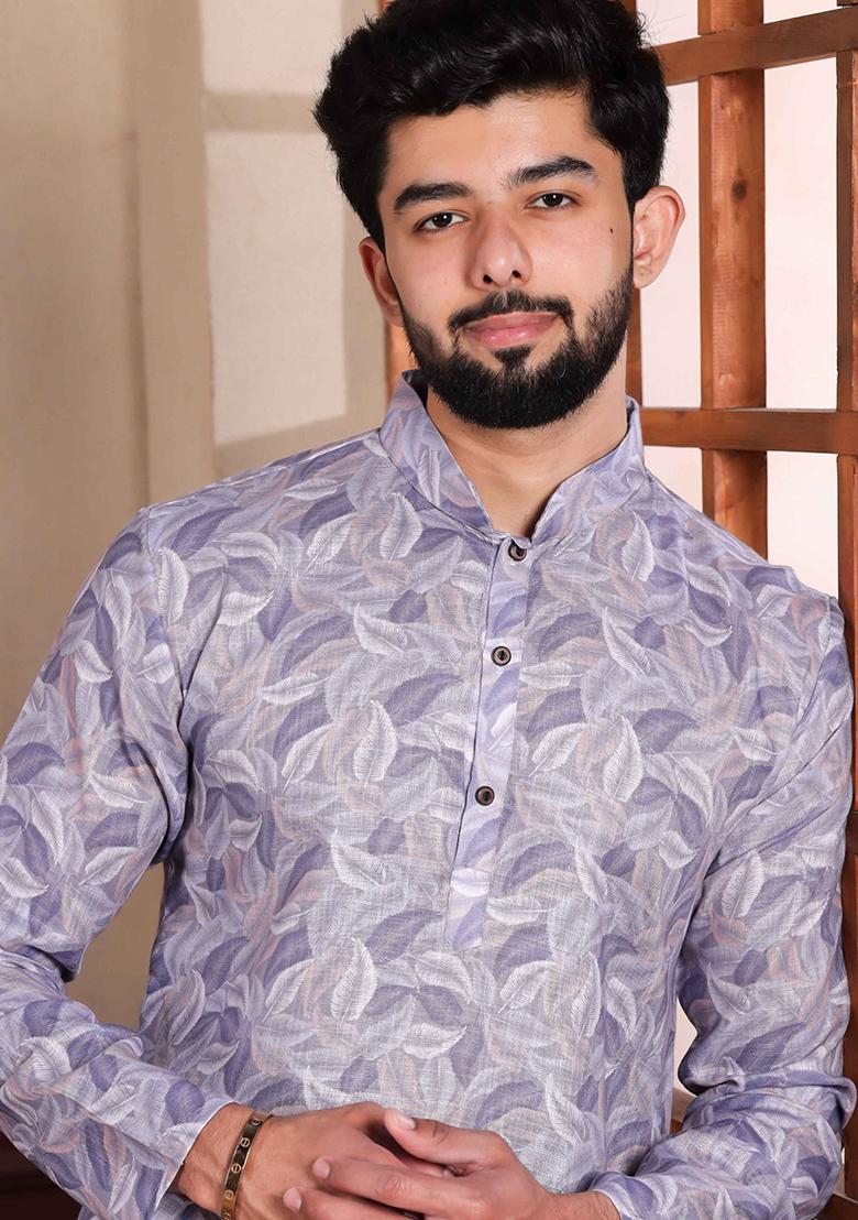 Violet Printed Linen Kurta Set For Men