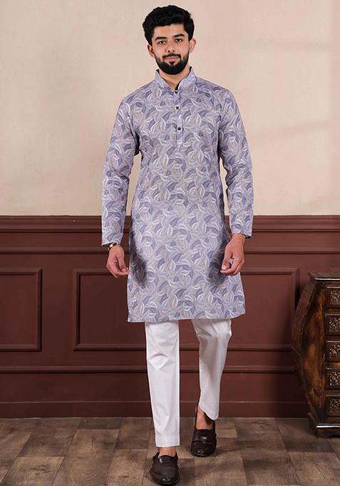 Violet Printed Linen Kurta Set For Men