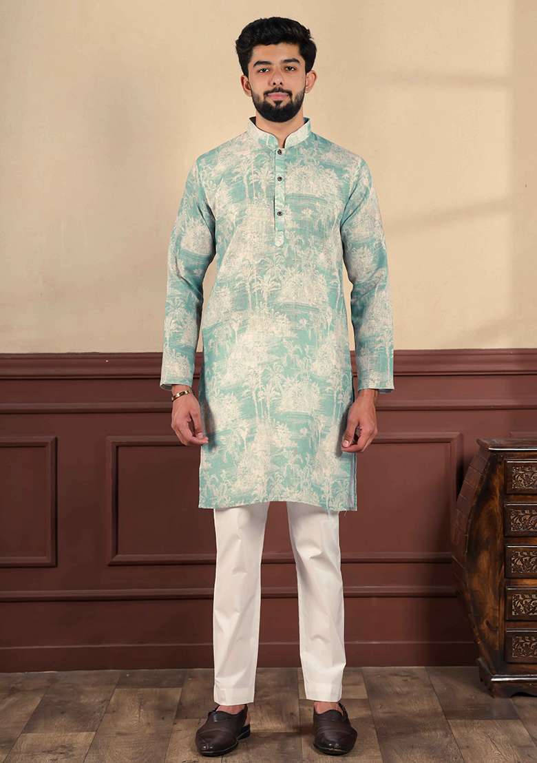 Green Printed Linen Kurta Set For Men - Indya