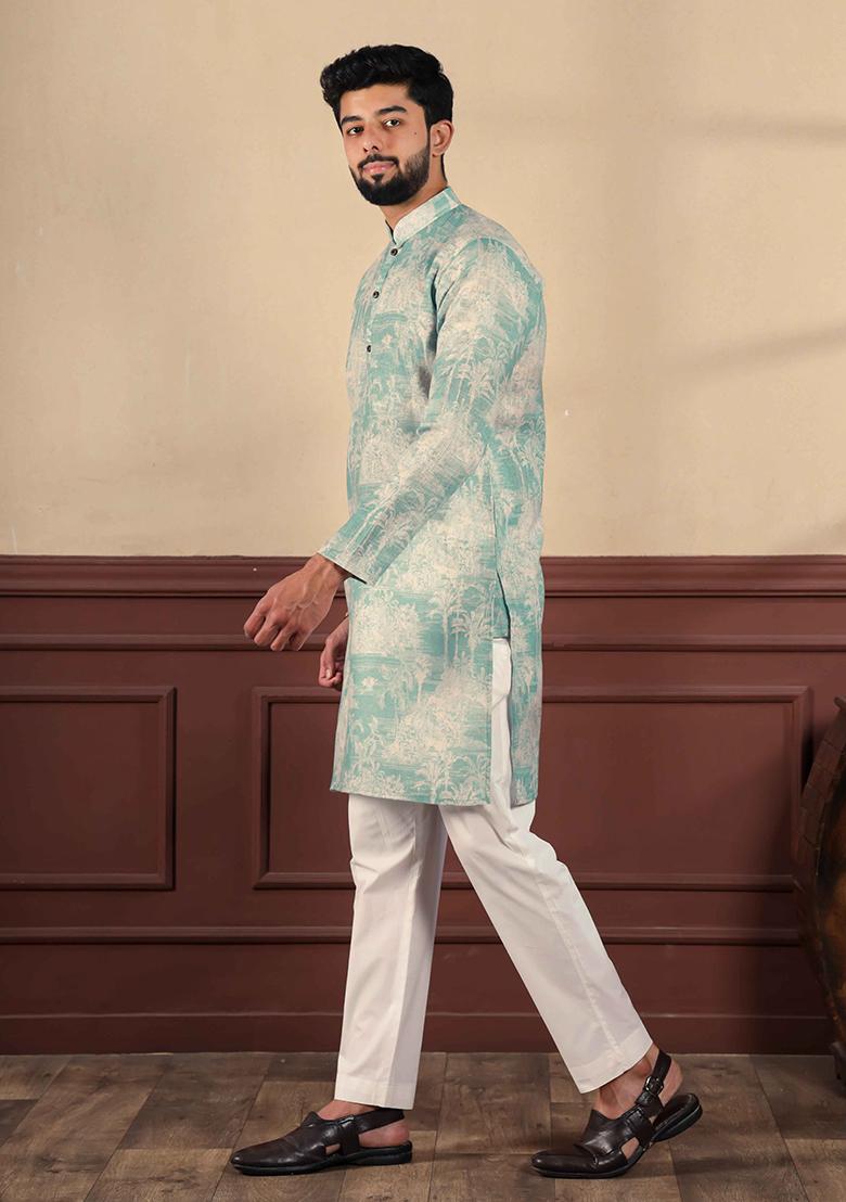 Green Printed Linen Kurta Set For Men