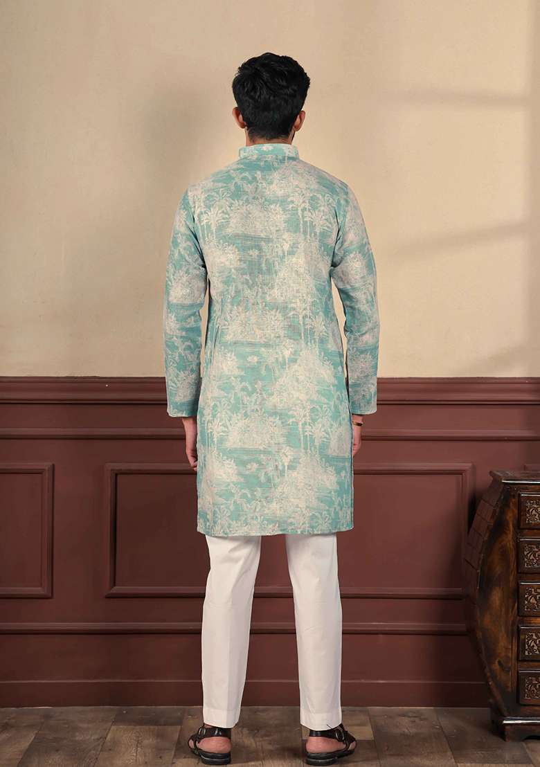 Green Printed Linen Kurta Set For Men - Indya