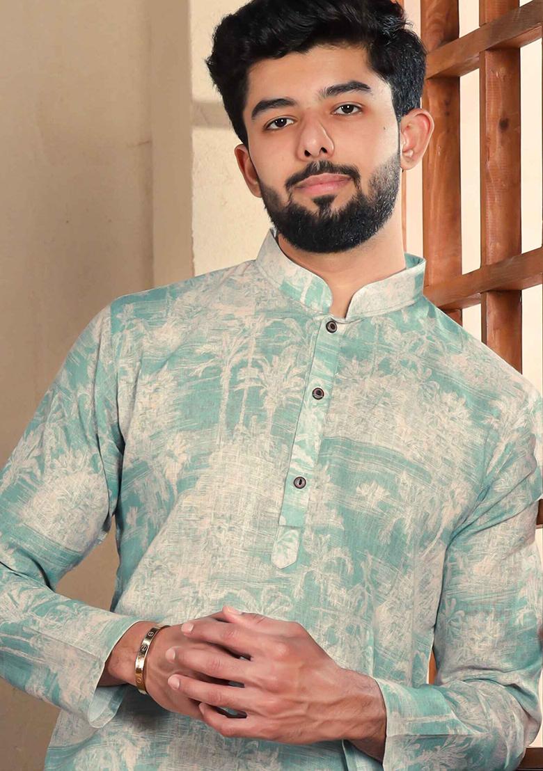 Green Printed Linen Kurta Set For Men