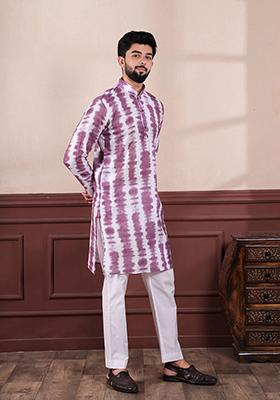 Wine Printed Linen Kurta Set For Men