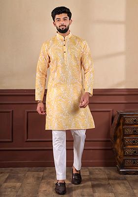 Mustard Printed Linen Kurta Set For Men