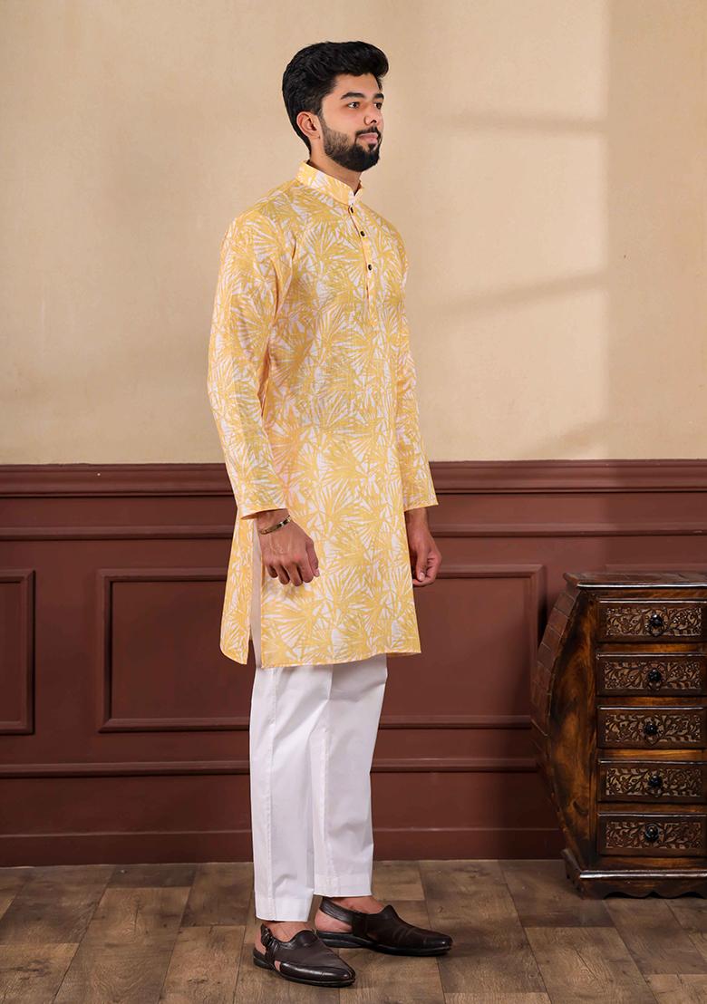 Mustard Printed Linen Kurta Set For Men
