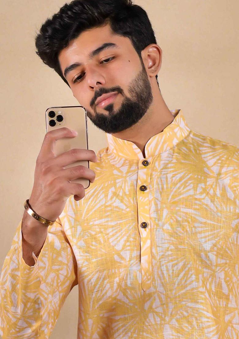 Mustard Printed Linen Kurta Set For Men
