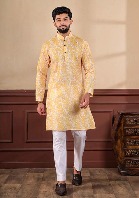 Mustard Printed Linen Kurta Set For Men
