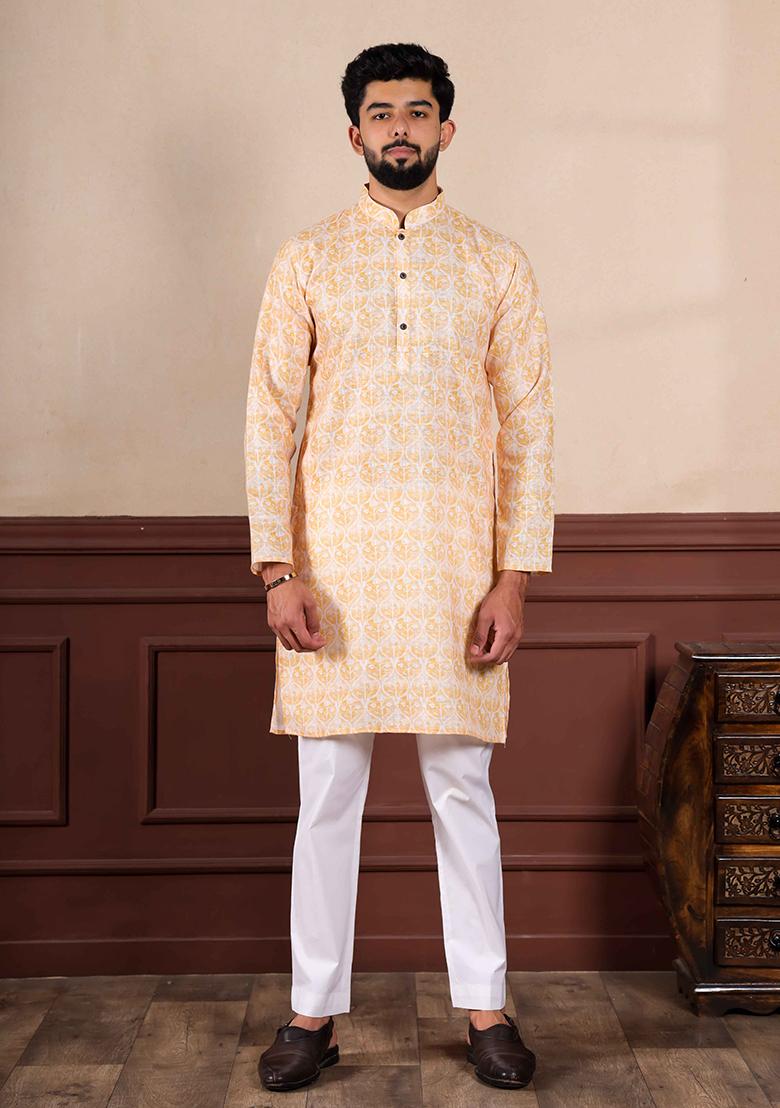 Yellow Printed Linen Kurta Set For Men