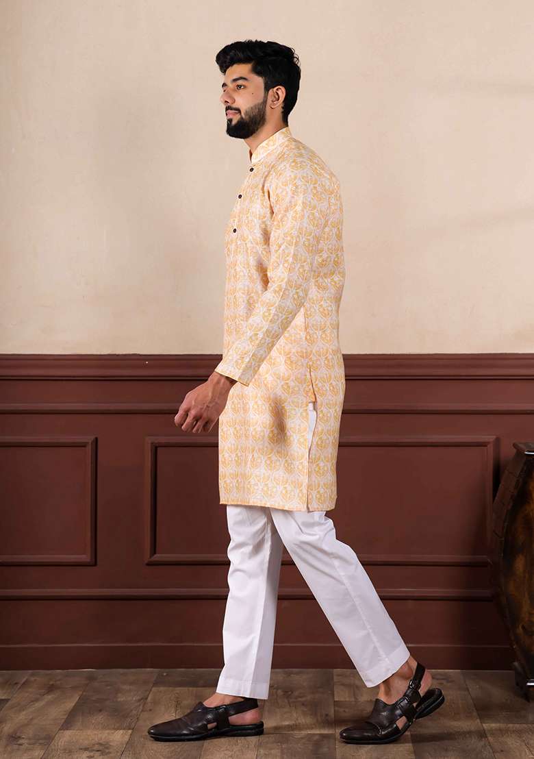Yellow Printed Linen Kurta Set For Men - Indya