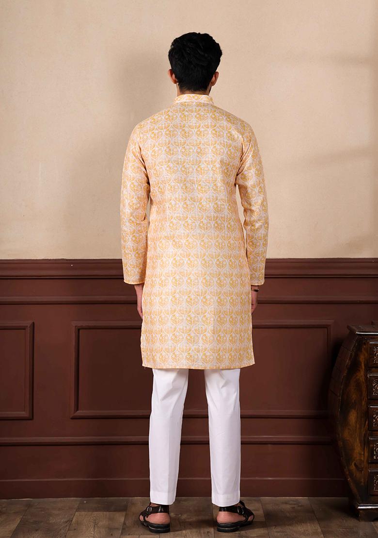 Yellow Printed Linen Kurta Set For Men