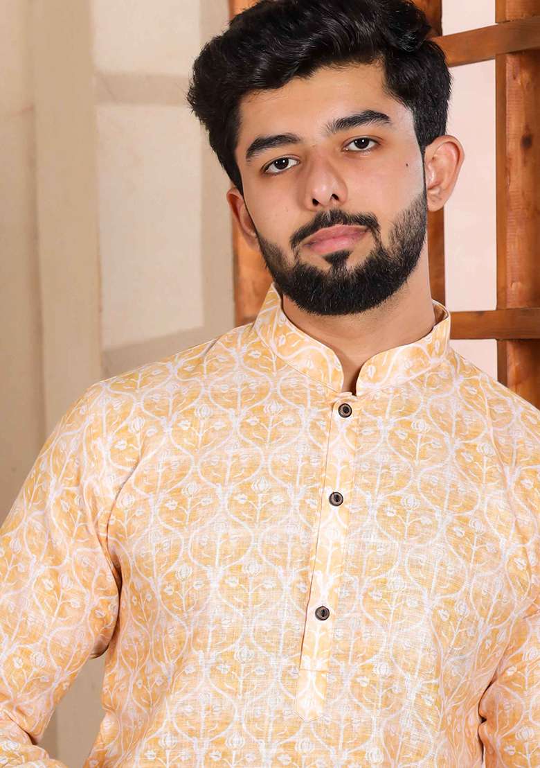 Yellow Printed Linen Kurta Set For Men - Indya