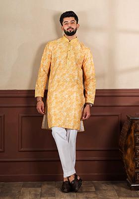 Mustard Embroidered Cotton Kurta Set For Men