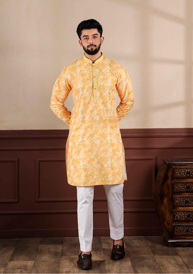 Mustard Embroidered Cotton Kurta Set For Men