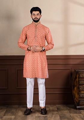 Orange Embroidered Cotton Kurta Set For Men