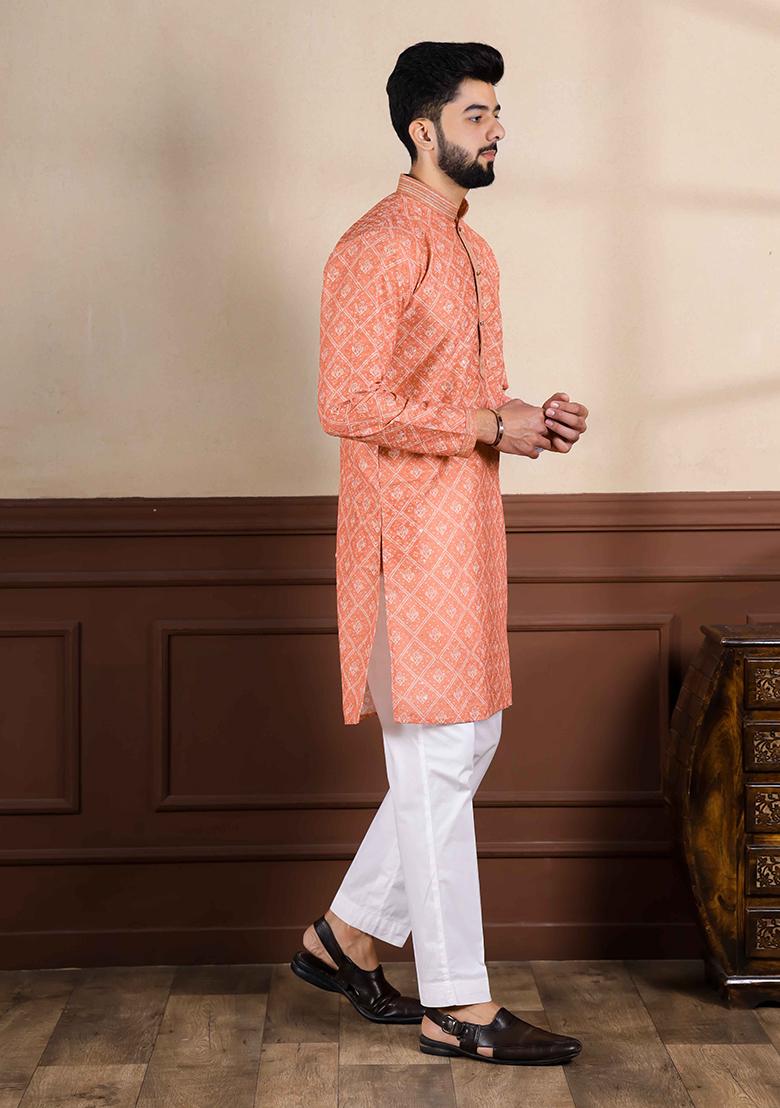 Orange Embroidered Cotton Kurta Set For Men