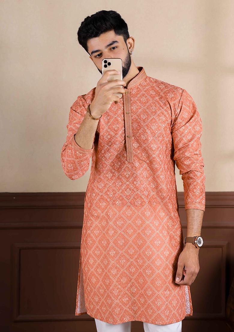 Orange Embroidered Cotton Kurta Set For Men