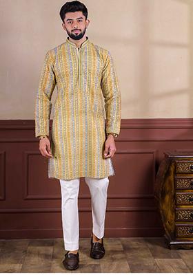 Yellow Embroidered Cotton Kurta Set For Men