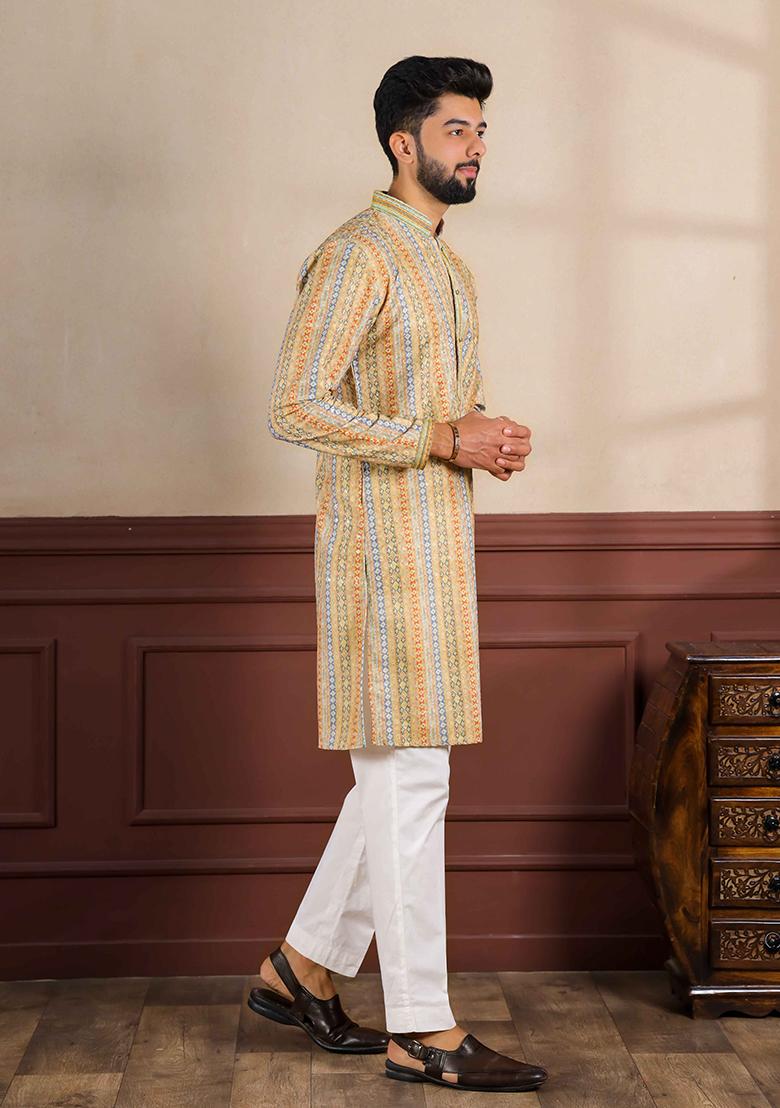 Yellow Embroidered Cotton Kurta Set For Men