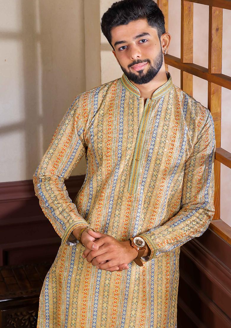 Yellow Embroidered Cotton Kurta Set For Men