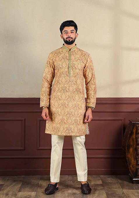 Peach Embroidered Cotton Kurta Set For Men