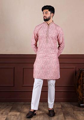 Pink Embroidered Cotton Kurta Set For Men