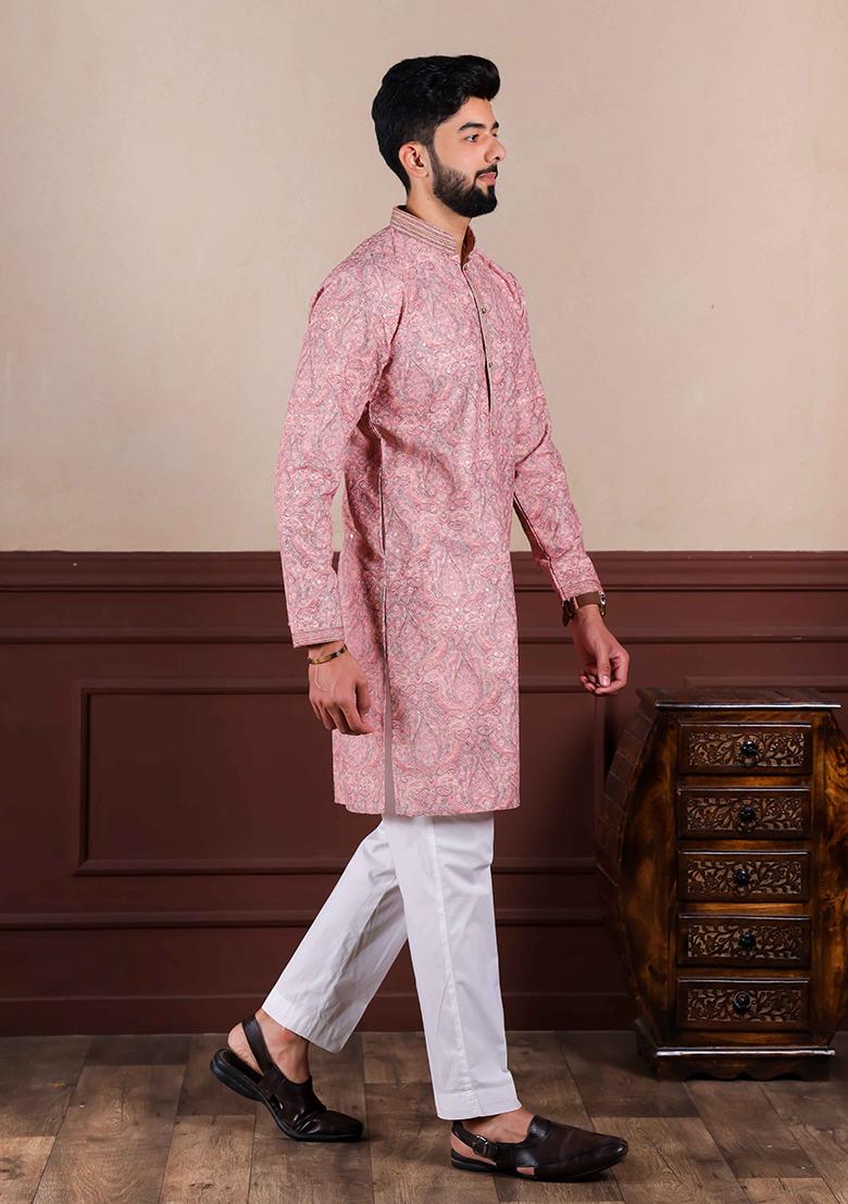 Pink Embroidered Cotton Kurta Set For Men