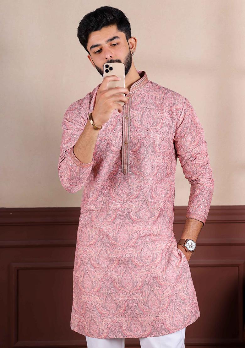 Pink Embroidered Cotton Kurta Set For Men