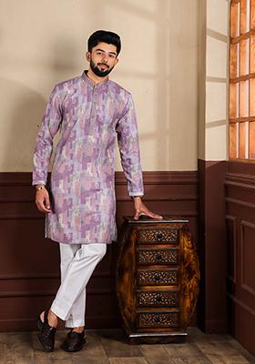 Wine Embroidered Cotton Kurta Set For Men