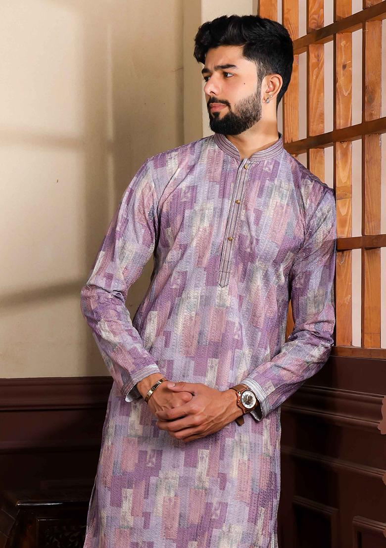 Wine Embroidered Cotton Kurta Set For Men
