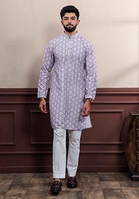 Lavender Embroidered Cotton Kurta Set For Men