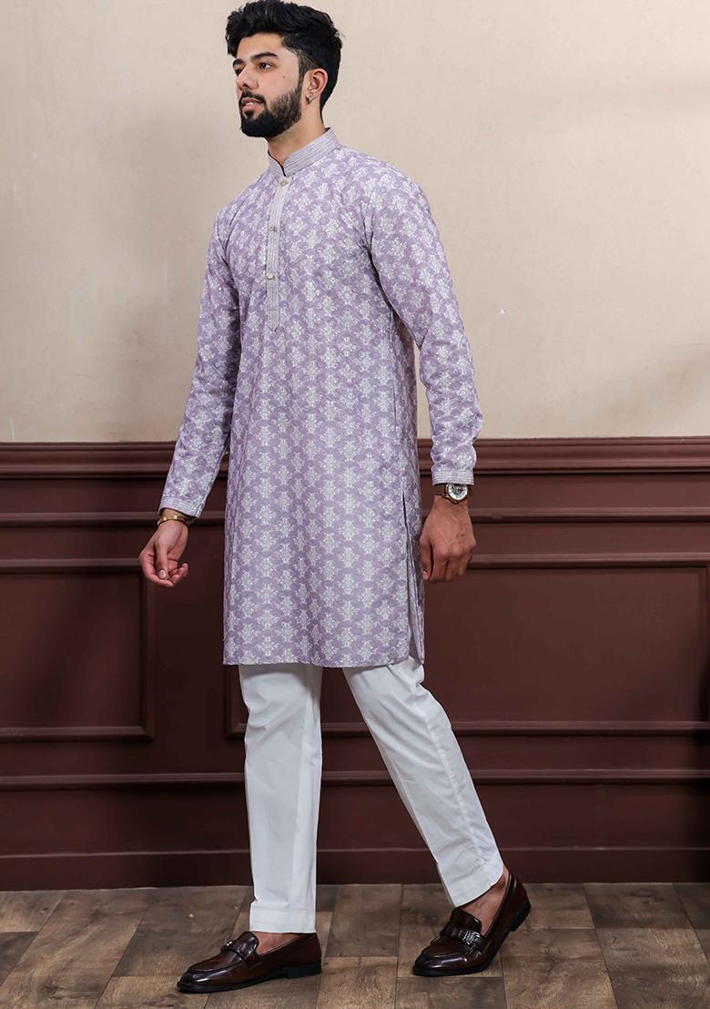 Lavender Embroidered Cotton Kurta Set For Men