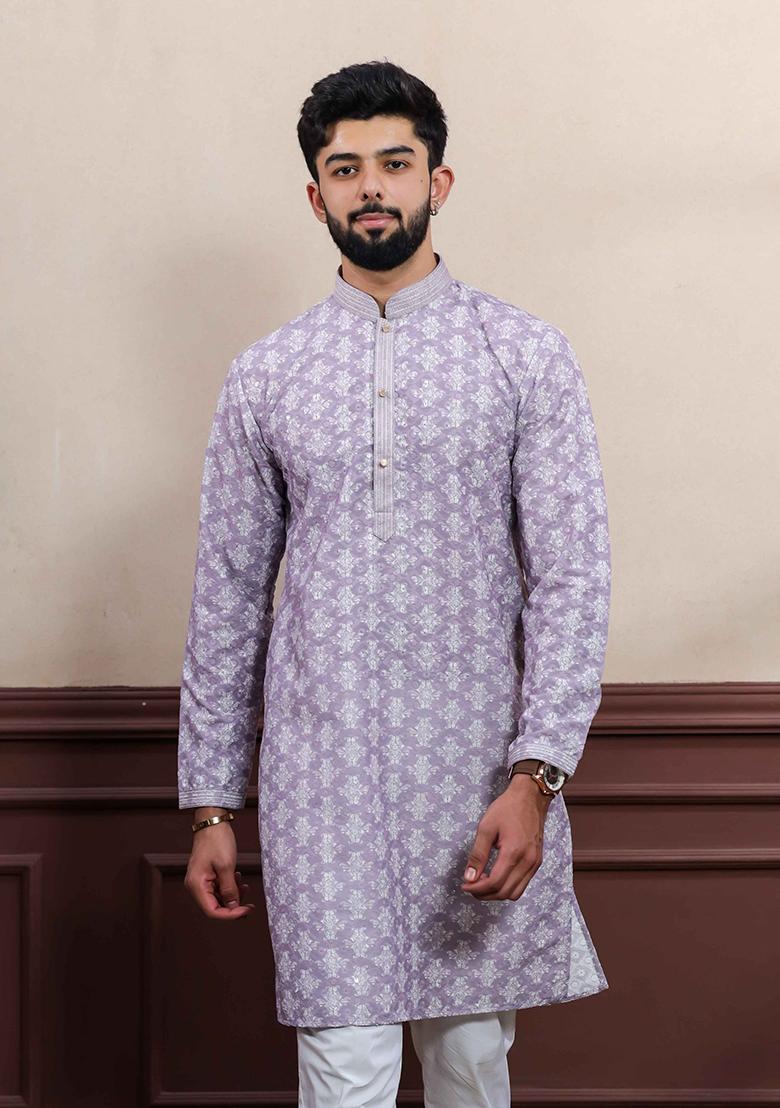Lavender Embroidered Cotton Kurta Set For Men