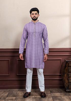 Purple Embroidered Cotton Kurta Set For Men