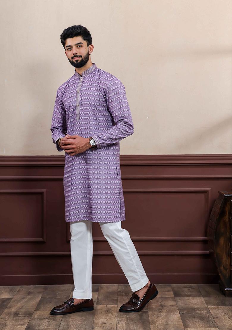 Purple Embroidered Cotton Kurta Set For Men