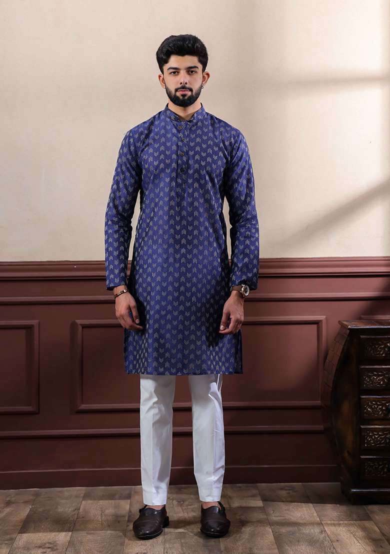 Blue Woven Cotton Kurta Set For Men - Indya