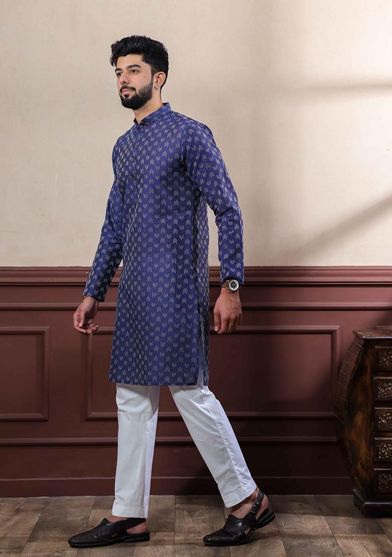 Blue Woven Cotton Kurta Set For Men